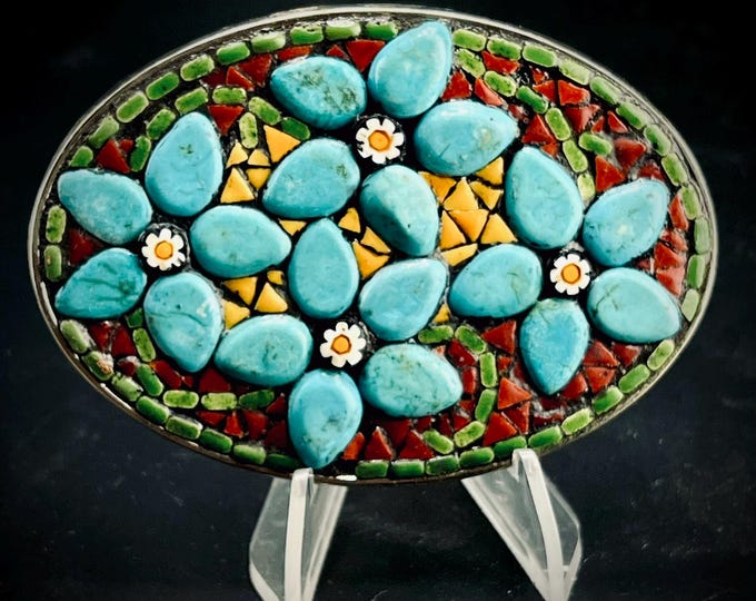 Turquoise Daisy Mosaic Belt Buckle – 4x3 Inch Handmade Floral Design / Festival / Southwestern