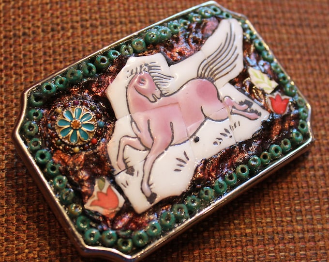 Frolicking Horse Mosaic Belt Buckle Made from China Tiles--One of a Kind