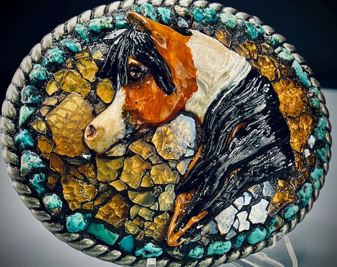 Trophy Sized  Half Arabian Pinto Horse and Genuine Turquoise Mosaic Belt Buckle