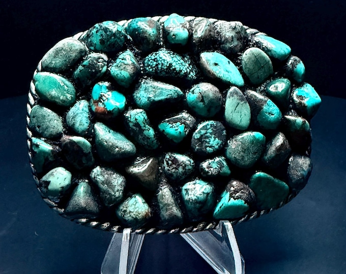 One of a Kind Arizona Turquoise Belt Buckle – 4x3 Inch Sterling-Wrapped Western Statement