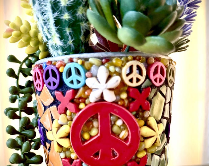 Handmade Mosaic Peace Sign Planter: Retro Desk Organizer & Succulent Pot