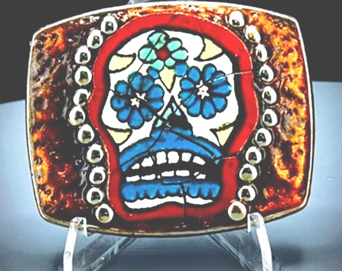 Men's Mosaic Handmade Sugar Skull Belt Buckle: Vibrant Talavera Tile Calavera, Mexican Folk Art