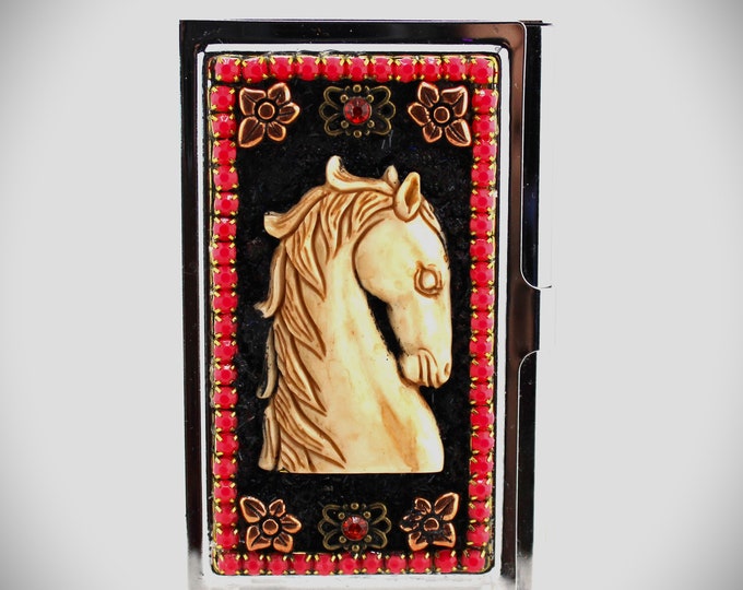 Carved Horse and Rhinestone Business Card Case, Equestrian Gifts