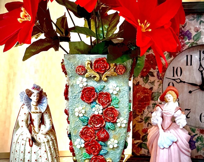 Handmade Rose Flower Vase: Old World Style Mixed Media Art