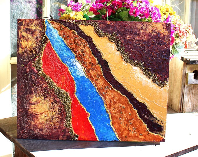Original Abstract Acrylic Pour Painting Mixed Media Wall Hanging "A River Runs Through It"