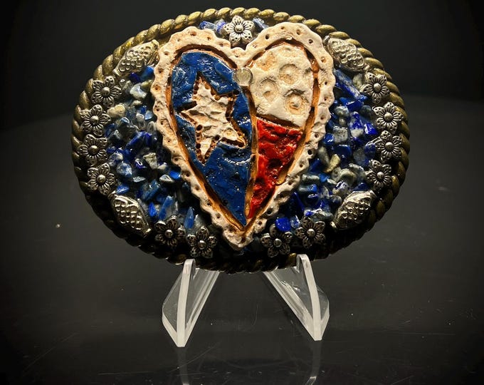 Texas Mosaic Heart Belt Buckle – 4x3 Inch Handmade Texan Love Design
