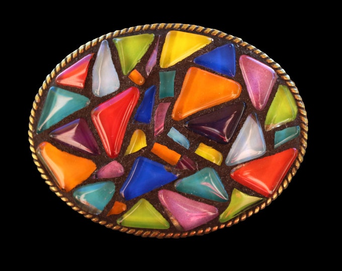 Abstract Rainbow Stained Glass Multicolored Mosaic Belt Buckle Festival Mod Accessory