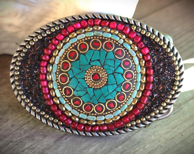 Mosaic Inlaid Turquoise Coral Belt Buckle: Southwestern Mixed Media Art