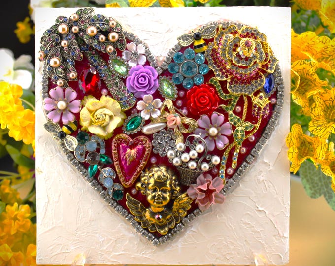 Heart Rhinestone Mosaic Mixed Media Home Decor Wall Hanging or Shelf Sitter