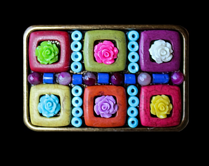 Fun and Funky Boho Hippie Mosaic Belt Buckle with Roses FLASH SALE