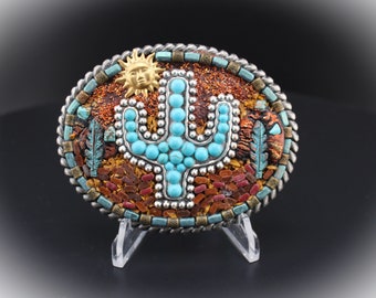 Lady's Southwestern Cactus Mosaic Mixed Media Belt Buckle with Genuine Kingman Turquoise, Faux Turquoise and Crushed Jasper Gemstones.