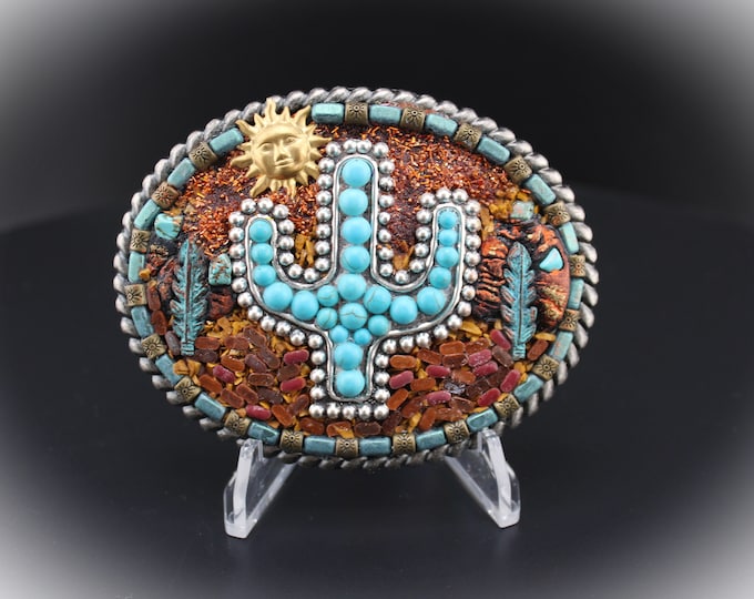 Southwestern Cactus Mosaic Belt Buckle: Kingman Turquoise & Jasper