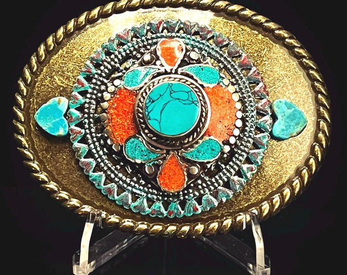 Western Southwestern Native American Style Turquoise and Coral Unisex Belt Buckle