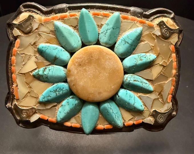 Southwestern Western Mosaic Belt Buckle with Agate, Stained Glass and Turquoise Magnesite