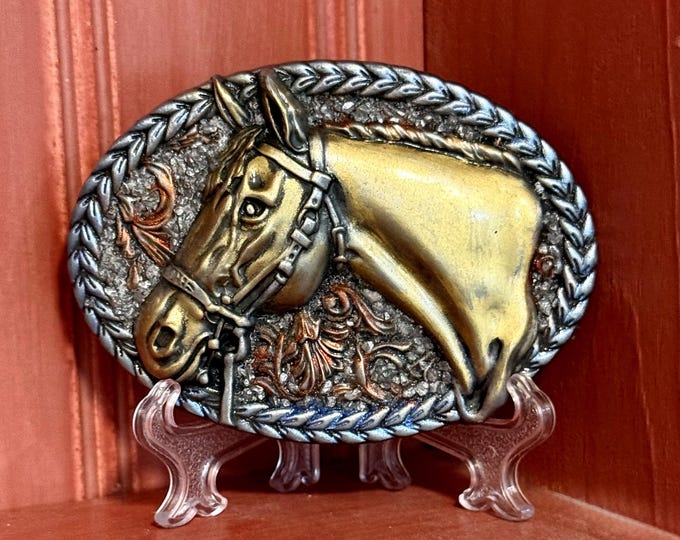 Western Horse Head Belt Buckle, Ornate Silver Glass, Cowgirl Gift