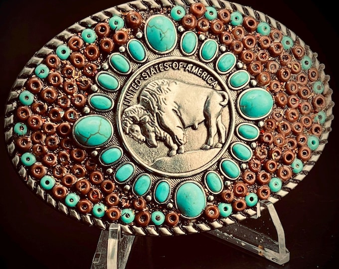 Women's Western Southwestern Vintage Style Buffalo Nickel, Oval Belt Buckle with Faux Turquoise