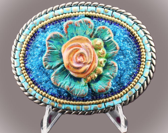 Embellished Belt Buckle: Rose Clay Focal, Czech Glass Beads