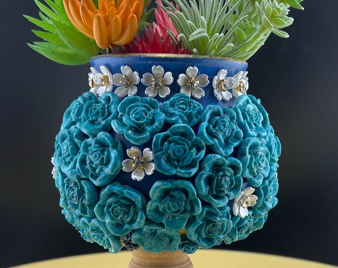 Turquoise and Teal Roses Planter for Indoors