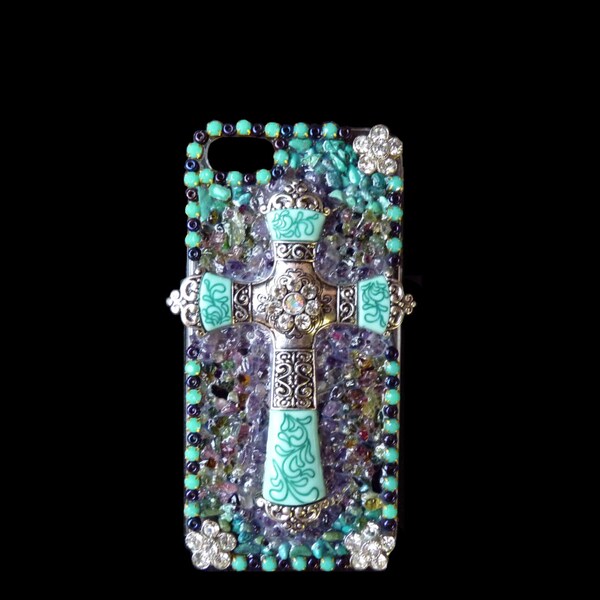 Iphone 5 Phone Case with Faux Turquoise Cross, Rhinestones,Tourmaline and Amethyst