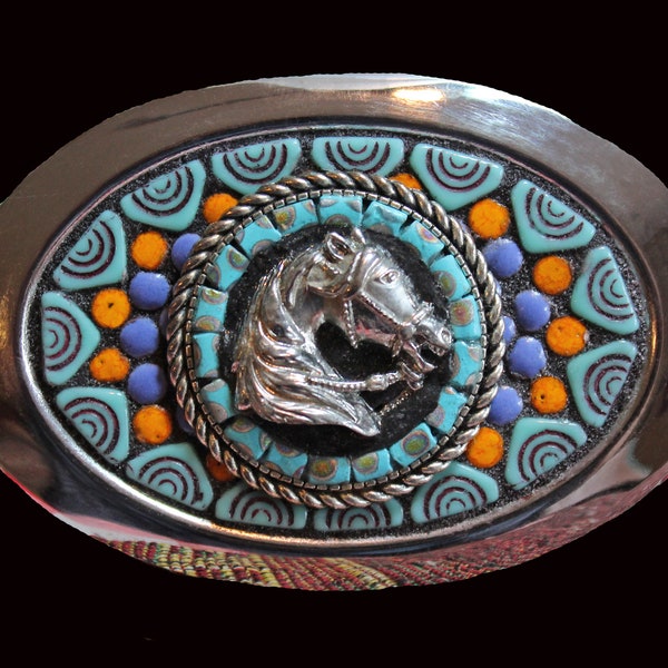 Western Southwestern Horse Mosaic Belt Buckle