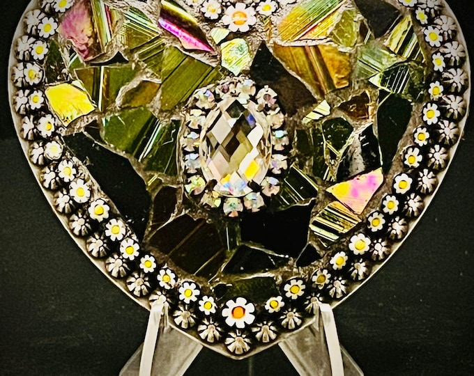 Mosaic Heart – 4x4 Inch Handmade Glass, Crystal & Floral Design