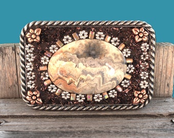 Elegant Crazy Lace Agate Gemstone Mosaic Embellished Belt Buckle in Earthy Colors