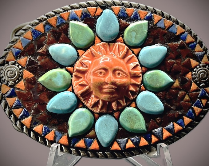 Southwestern Sunburst Mosaic Belt Buckle | Howlite Turquoise & Coral Ceramic Art | Unique Artisan Western Accessory
