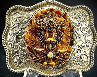 Western Southwestern Buffalo Belt Buckle with Tiger's Eye Gemstones for Men or Women