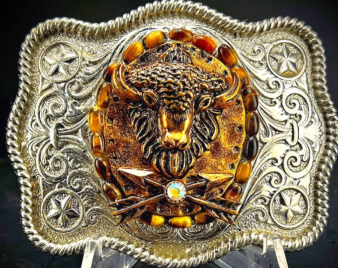 Western Southwestern Buffalo Belt Buckle with Tiger's Eye Gemstones for Men or Women