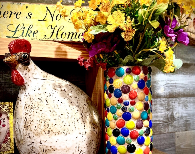 Fun and Funky Tall Glass Vase with Bright Colored Gems.