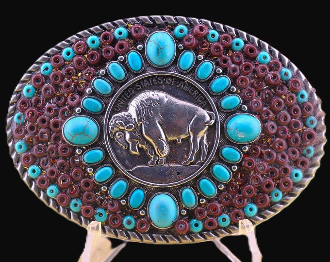 Women's Western Southwestern Native American Style Buffalo Oval Belt Buckle with Faux Turquoise