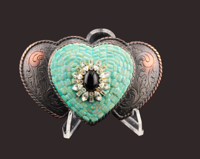 Three Hearts Western Cowgirl Mosaic Rhinestone Belt Buckle