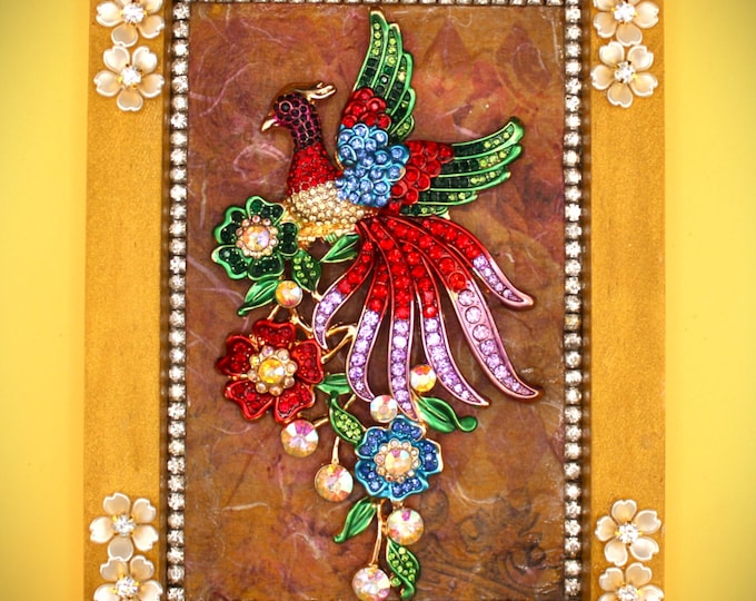 Framed Rhinestone Peacock Art: Champagne Gold Table Decor