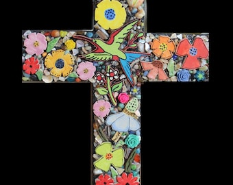 Mosaic Hummingbird Cross, Wall Cross, Spiritual Cross, Floral Wall Decor, Embellished Cross, Mixed Media Cross