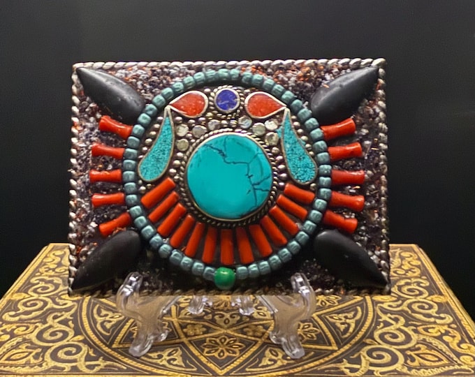 Southwestern Belt Buckle with Inlaid Genuine Turquoise, Coral and Lapis for Men or Women