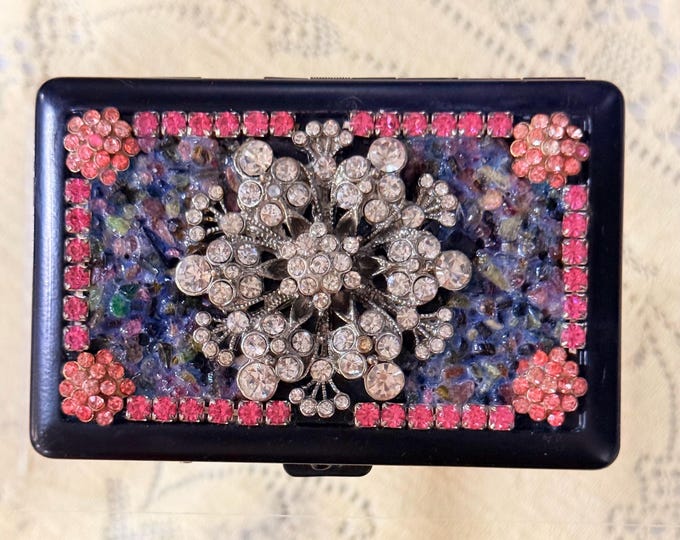 Rhinestone and Tourmaline Cigarette Case, Business Card Case, Metal Wallet--Double Sided
