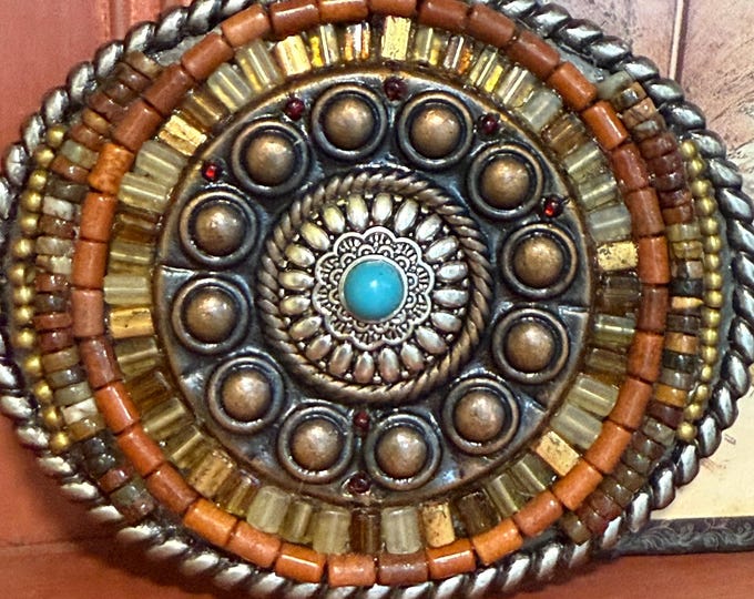 Rustic Mosaic Southwestern Western Belt Buckle Unisex Buckle with Faux Turquoise and Jasper