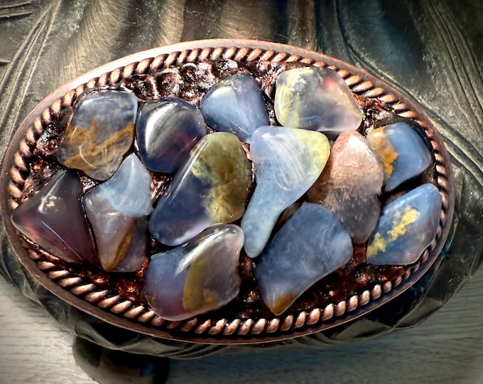Blue Chalcedony Belt Buckle, Copper Finish