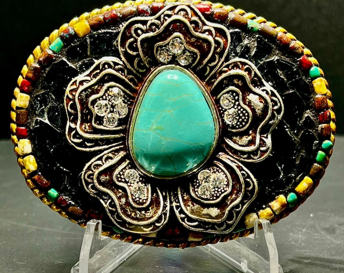 Western Mosaic Belt Buckle with Turquoise Howlite Flower with Rhinestones