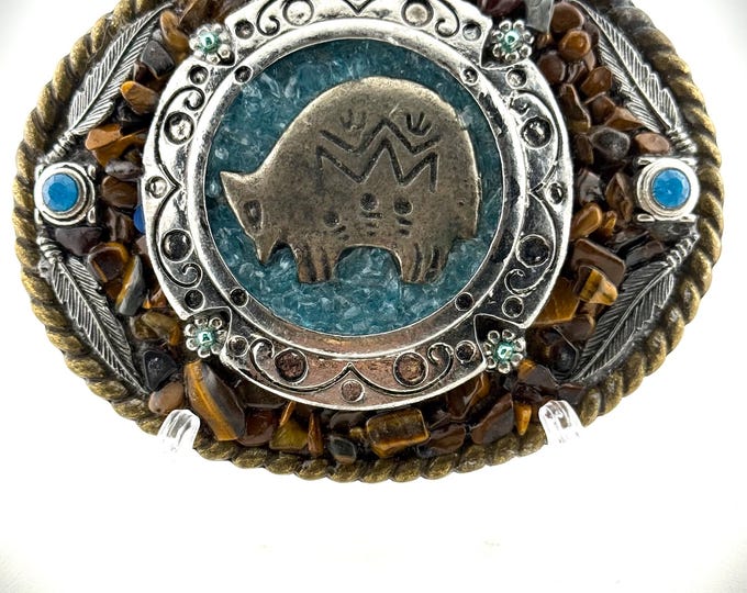 Southwestern Western Native American Inspired Petroglyph and Tiger's Eye Gemstone Belt Buckle