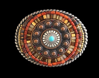 Mosaic Belt Buckle with Faux Turquoise and Gemstones