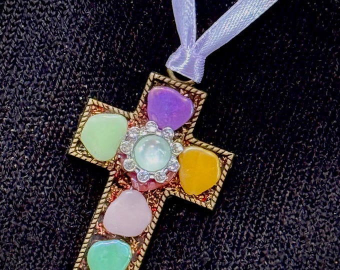 Cross Mosaic Pendant with Pastel Glass and Rhinestone Flower--Ready for Spring