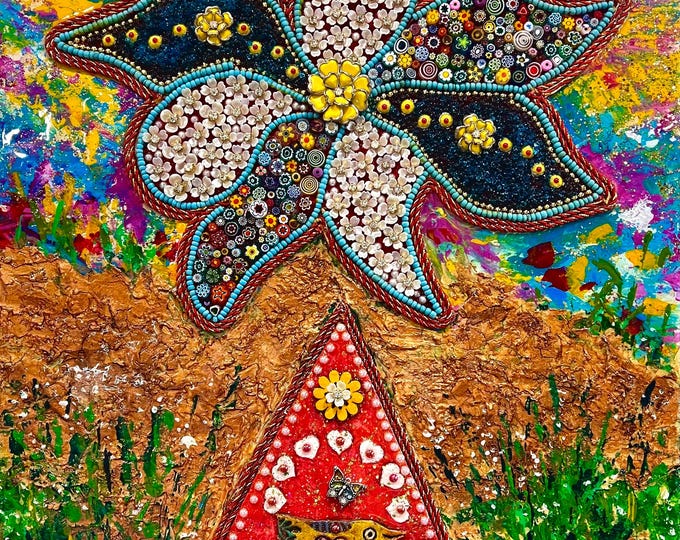 Whimsical Fantasy Garden Mosaic Mixed Media Wall Hanging Home Decor