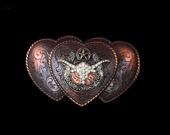 Antique Bronze Finished Triple Heart Crystal Longhorn Belt Buckle for Women