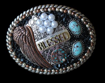 Western Christian Angelic "Blessed" Mosaic Belt Buckle with Faux Pearls and Turquoise