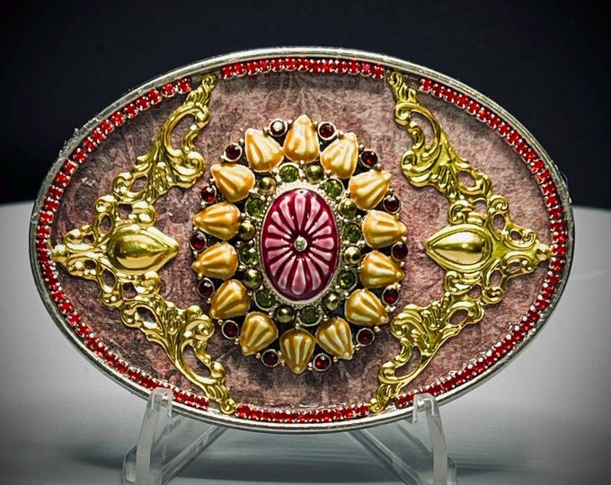 Women's Ornate Belt Buckle: Vintage Brooch with Red & Green Stones