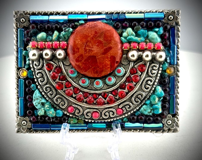Handmade Turquoise Garnet Coral Mosaic Belt Buckle, Southwestern Boho Pewter Base