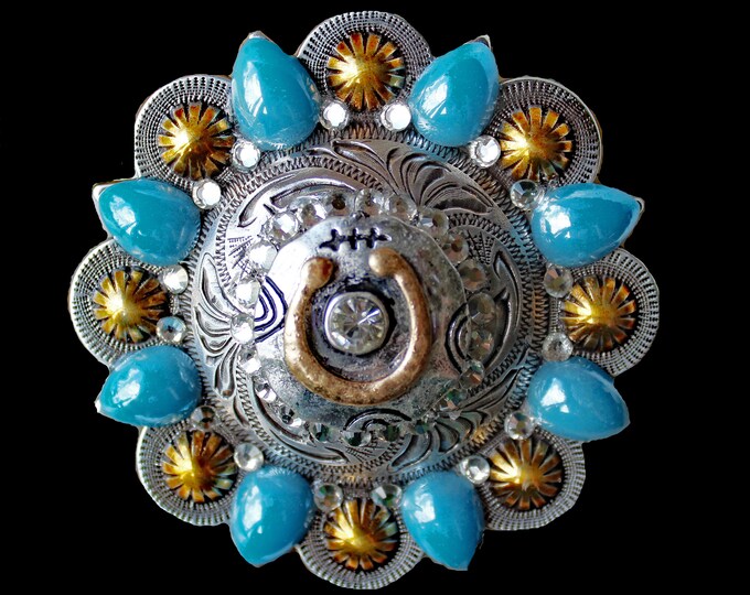 Women's Concho Belt Buckle with Horseshoe and Crystal Rhinestones