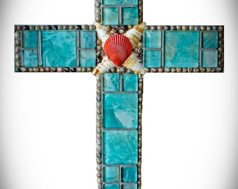 Glass and Shell Mosaic Wall Cross Beach Decor in Turquoise Modern Contemporary Design