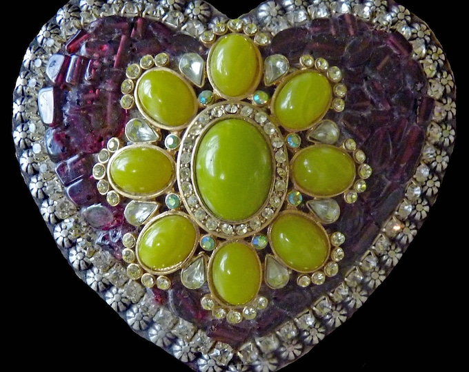 Mosaic Western Heart Belt Buckle with Genuine Garnet, Faux Jade and Rhinestones